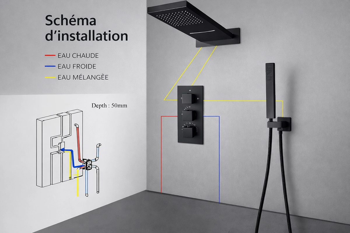 Composition douche thermostatique encastrée noir Hanoï
